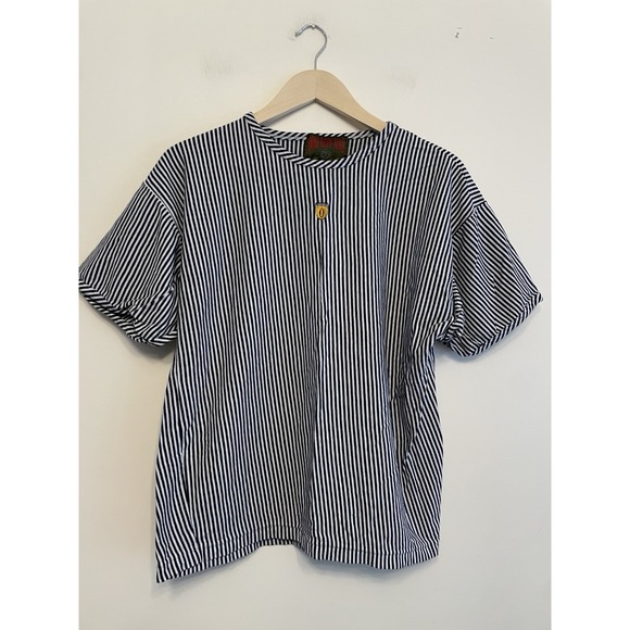 Vintage‎ Oh Mow Mao T-shirt Women Size Small Navy Blue White Stripe Embroidered - Picture 1 of 6